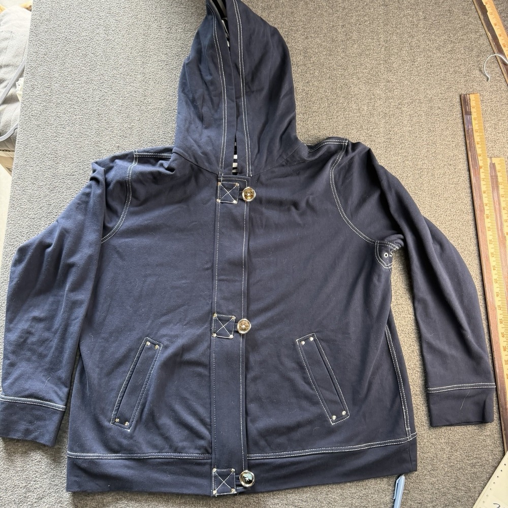 Jones New York Hoodie Navy Blue Nautical Hooded Womens Knit Jacket Size 1x #2030 - Picture 2 of 12